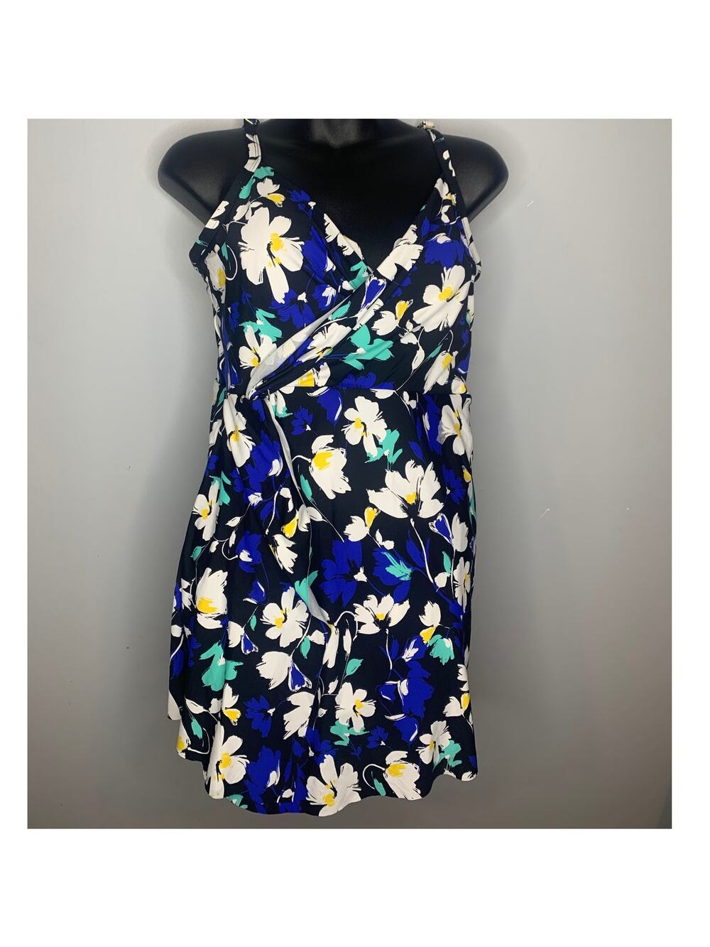 Liz Claiborne Women's 12 Swim Dress Garden Bloom Blue, Black, Yellow Floral NEW